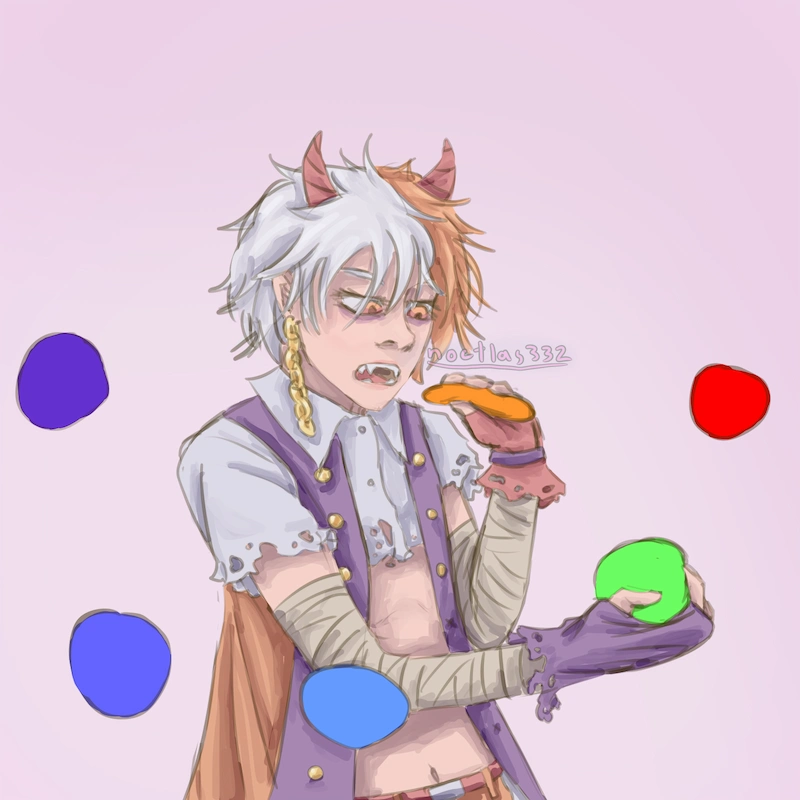 coloured digital sketch of mayo from the waist up. there are coloured orbs floating around her and she is grabbing two to eat them